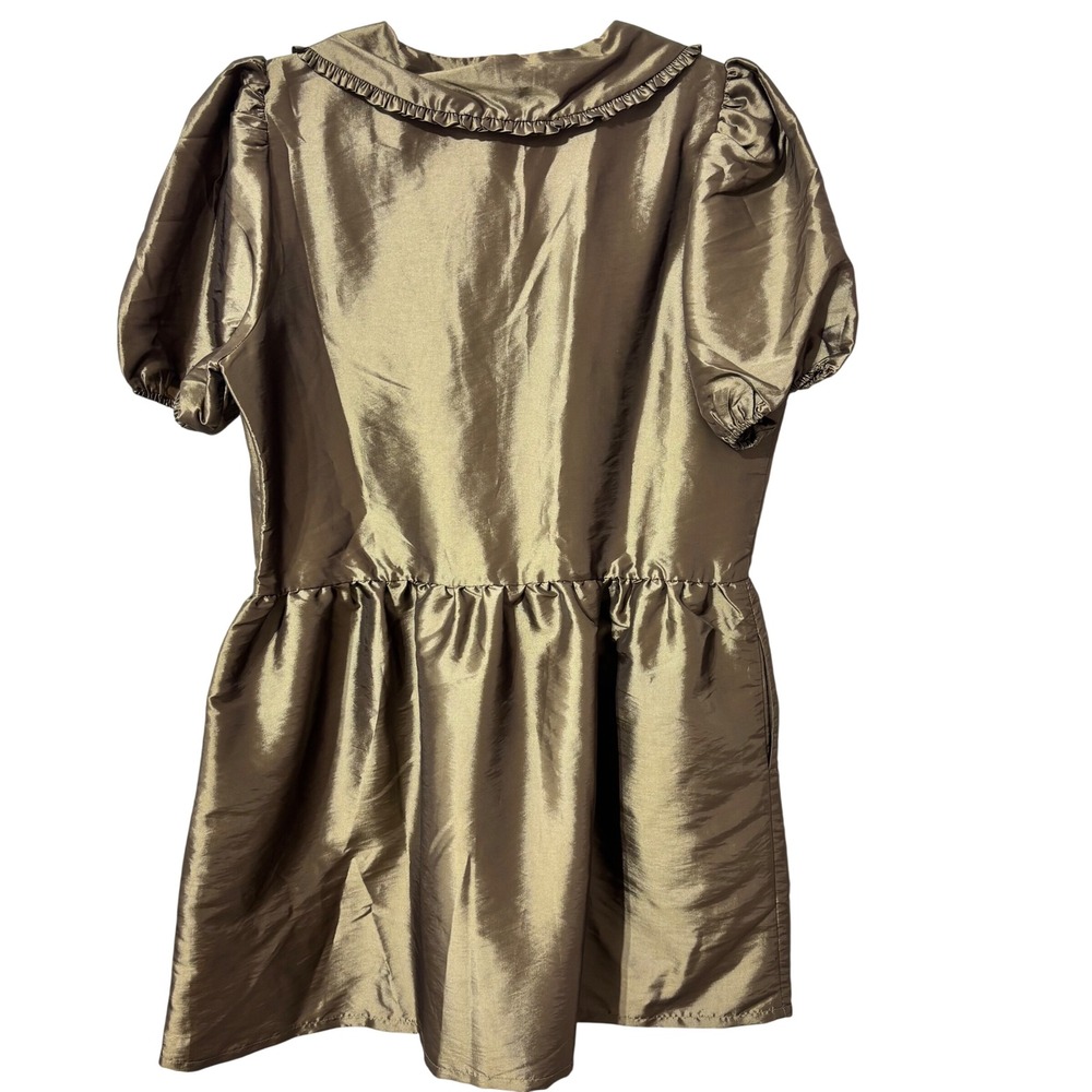 Porridge Anthropologie Taffeta Mini Dress Olive Bronze Puff Sleeve Peter Pan M - Picture 4 of 10